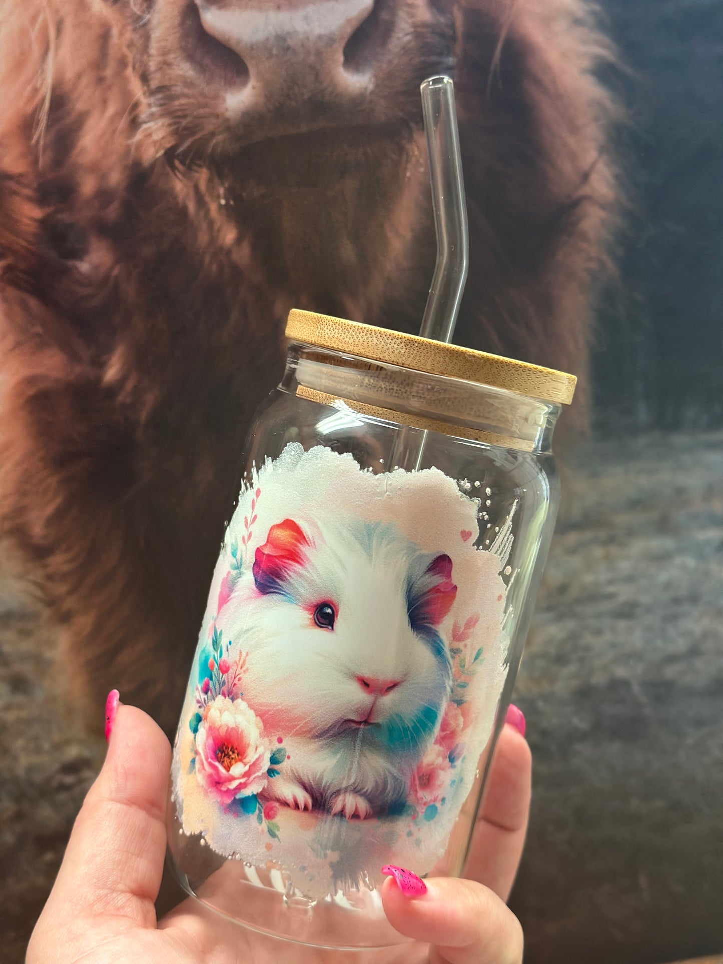 Trinkglas mit Bambusdeckel „Retro Meerschweinchen „