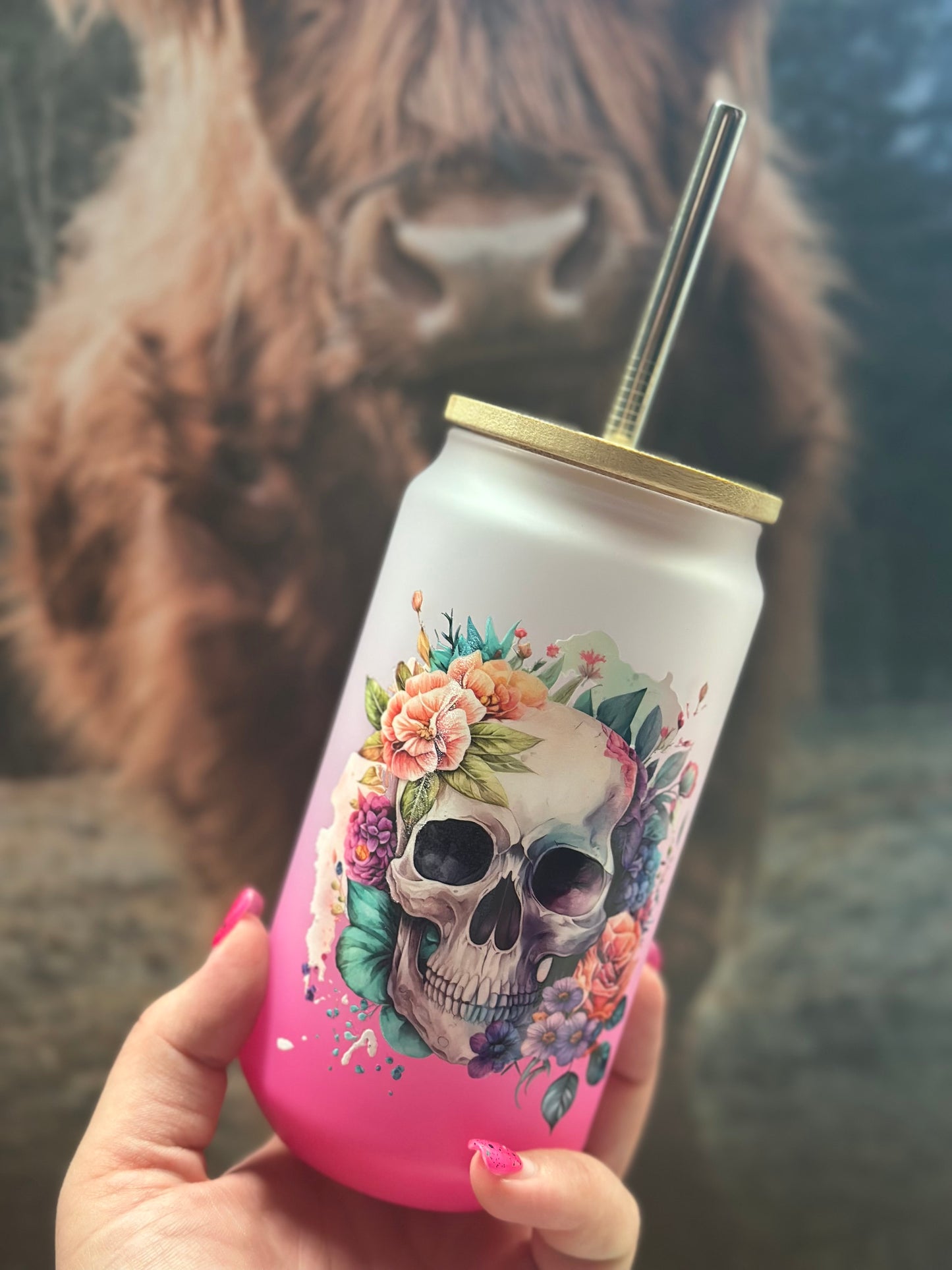 Trinkglas mit Bambusdeckel „ Pink Skull“