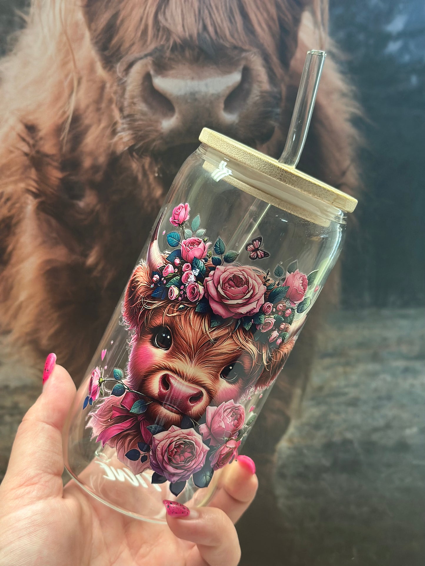 Trinkglas mit Bambusdeckel „Blumen Kuh“