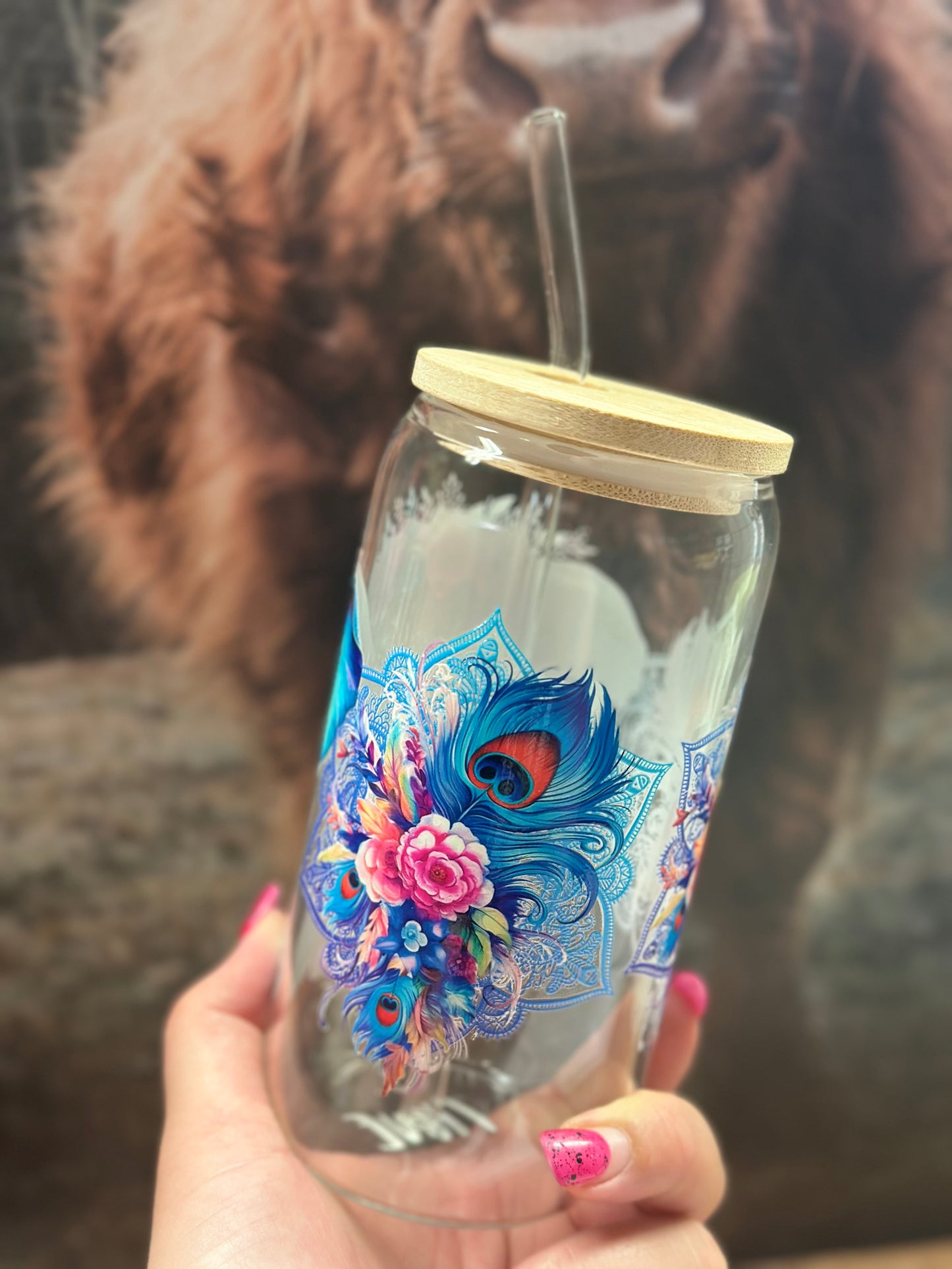 Trinkglas mit Bambusdeckel „Blauer Elefant „