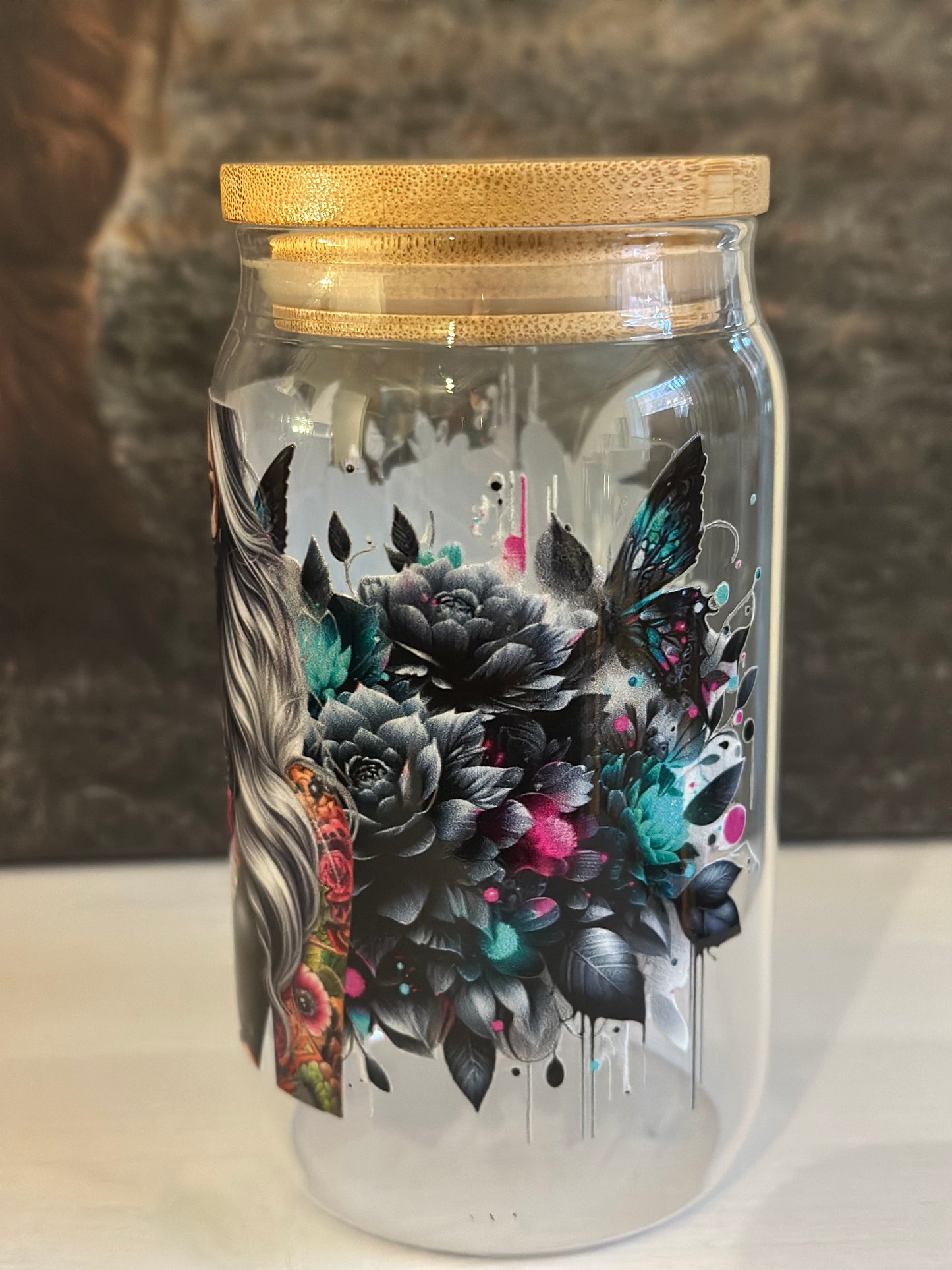 Trinkglas mit Bambusdeckel „Blond mask Color „