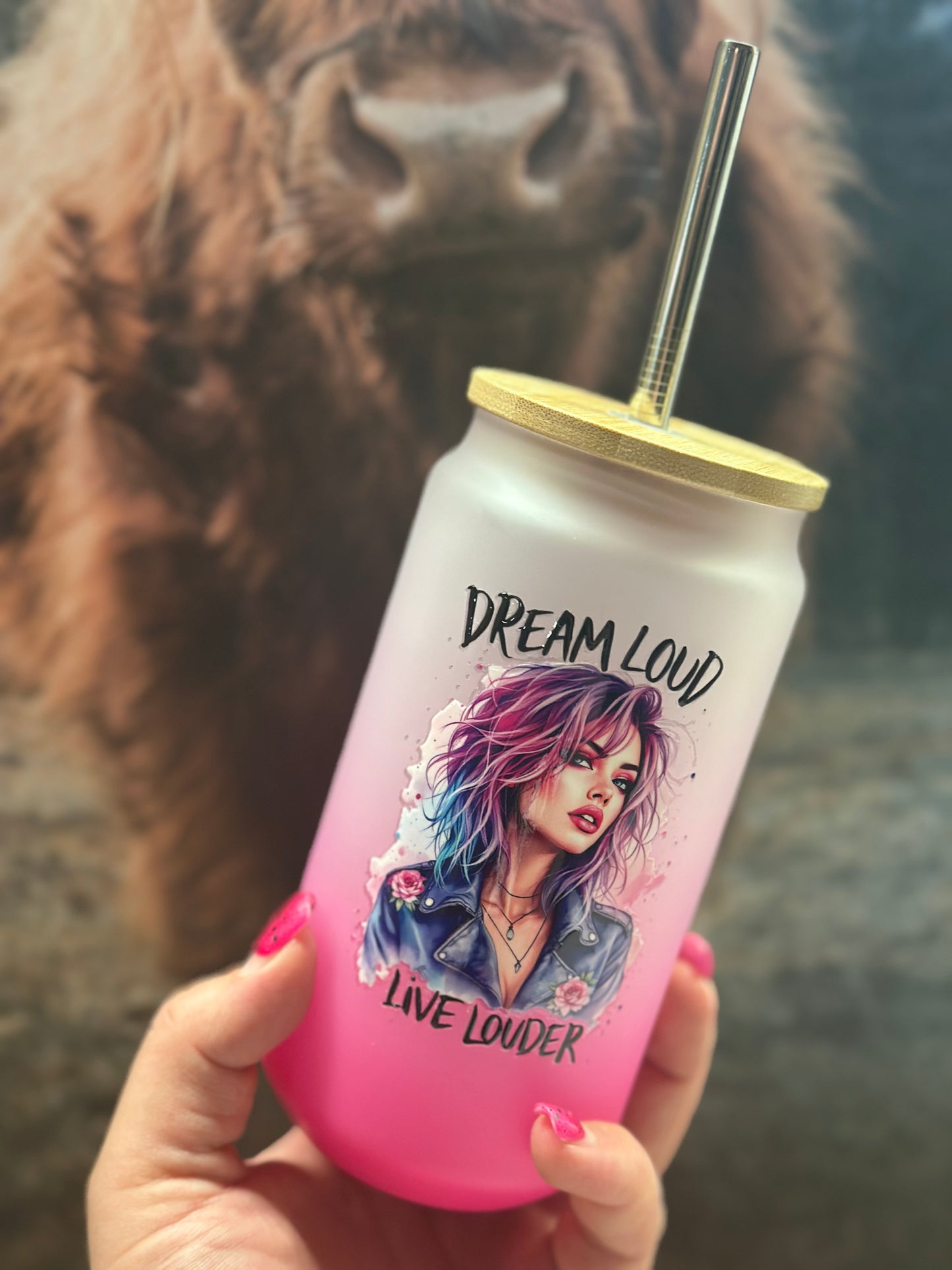 Trinkglas mit Bambusdeckel „Dream Loud“