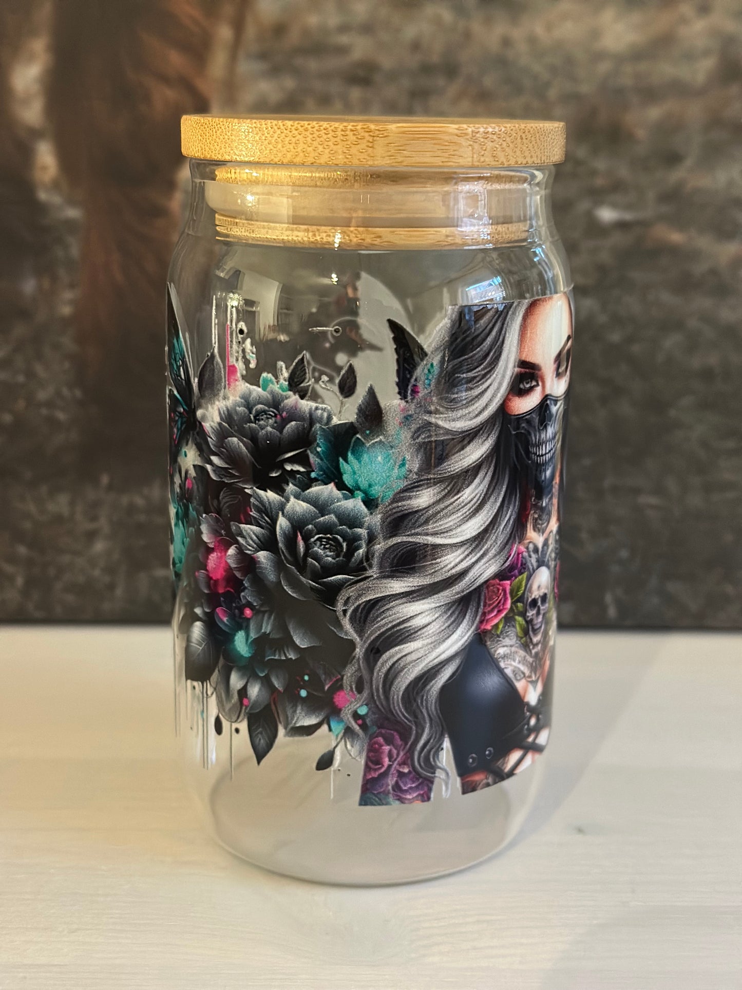 Trinkglas mit Bambusdeckel „Blond mask Color „