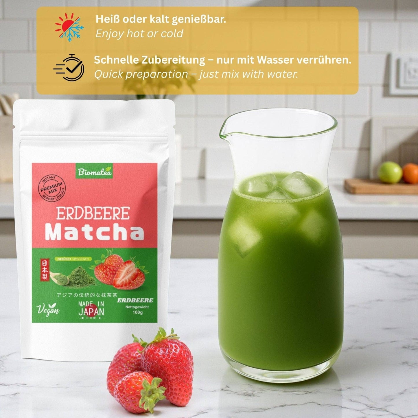 Japanischer Matcha Pulver mit Erdbeer, gesüßt – 100g – Sofort löslich in Wasser oder Milch, trinkfertig