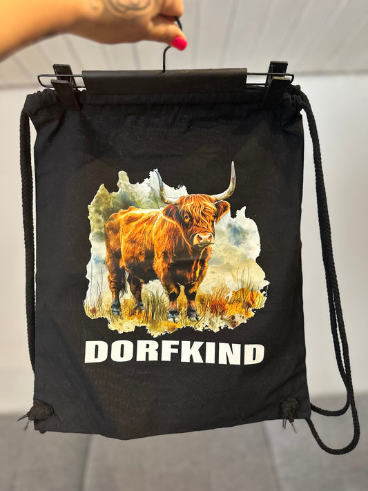 Turnbeutel schwarz „Dorfkind Kuh“