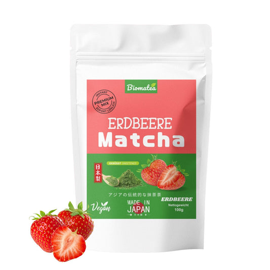 Japanischer Matcha Pulver mit Erdbeer, gesüßt – 100g – Sofort löslich in Wasser oder Milch, trinkfertig