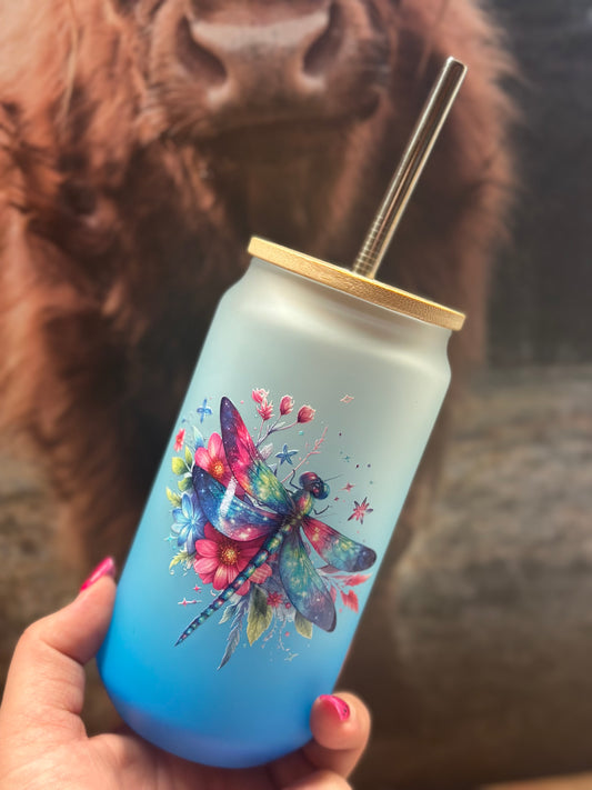 Trinkglas mit Bambusdeckel „Blaue Libelle“