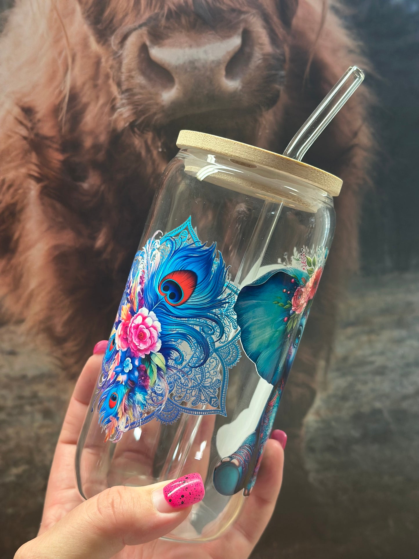 Trinkglas mit Bambusdeckel „Blauer Elefant „