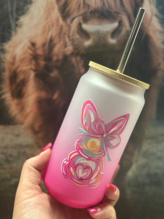 Trinkglas mit Bambusdeckel „Pinker Hase“