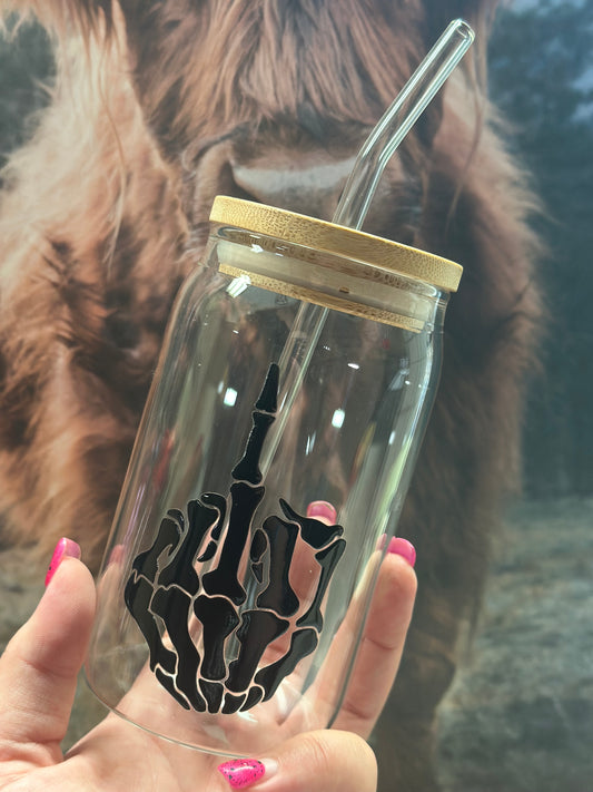 Trinkglas mit Bambusdeckel „Mittelfinger“