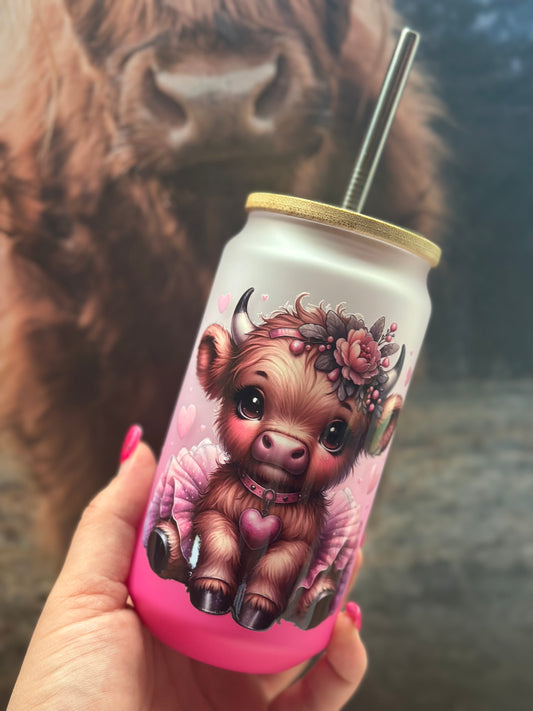 Trinkglas mit Bambusdeckel „Pinke Tanz Kuh „