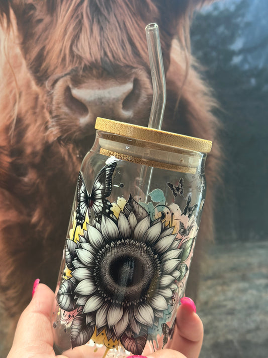 Trinkglas mit Bambusdeckel „Sunflower“