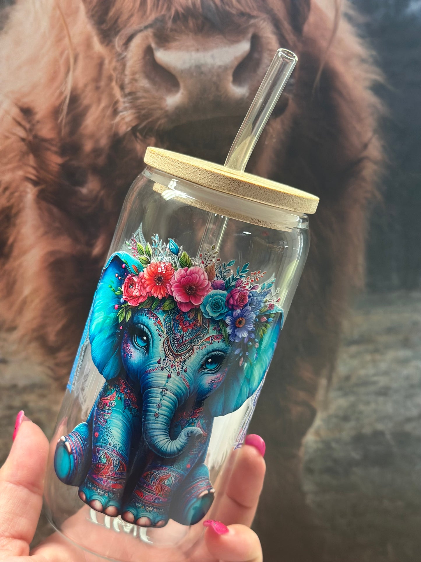 Trinkglas mit Bambusdeckel „Blauer Elefant „