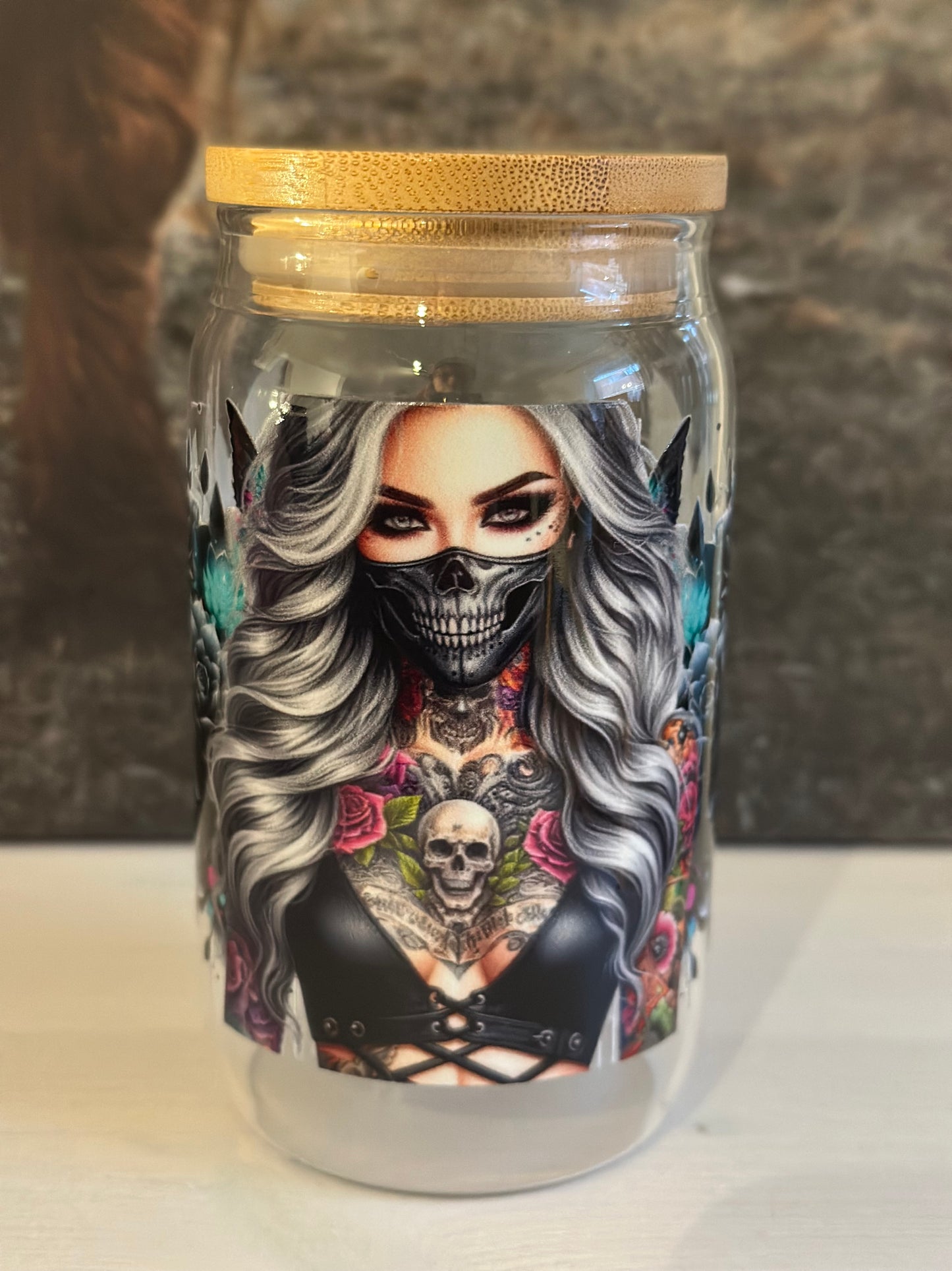 Trinkglas mit Bambusdeckel „Blond mask Color „