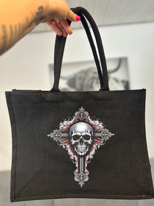 Jutetasche Skull Kreuz schwarz