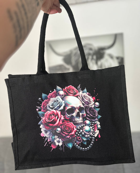 Jutetasche groß schwarz „Rosé Skull“