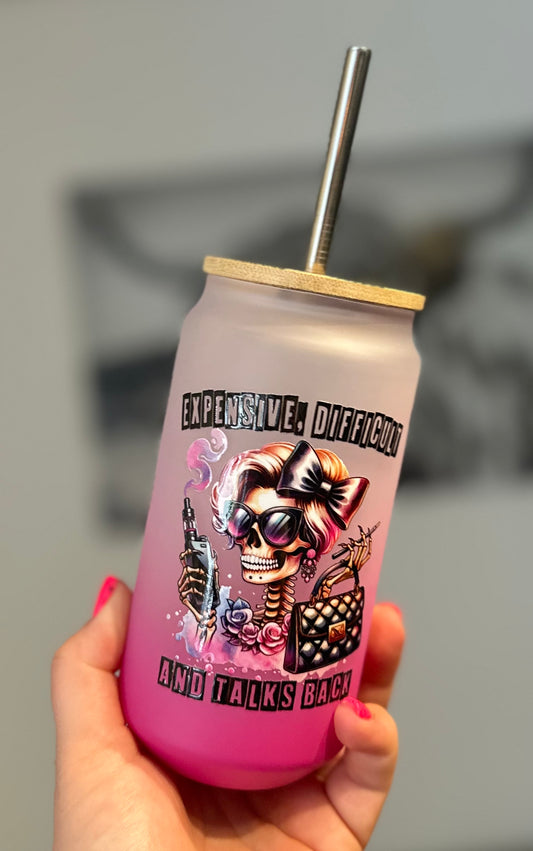 Trinkglas pink mit Bambusdeckel „Expensive“