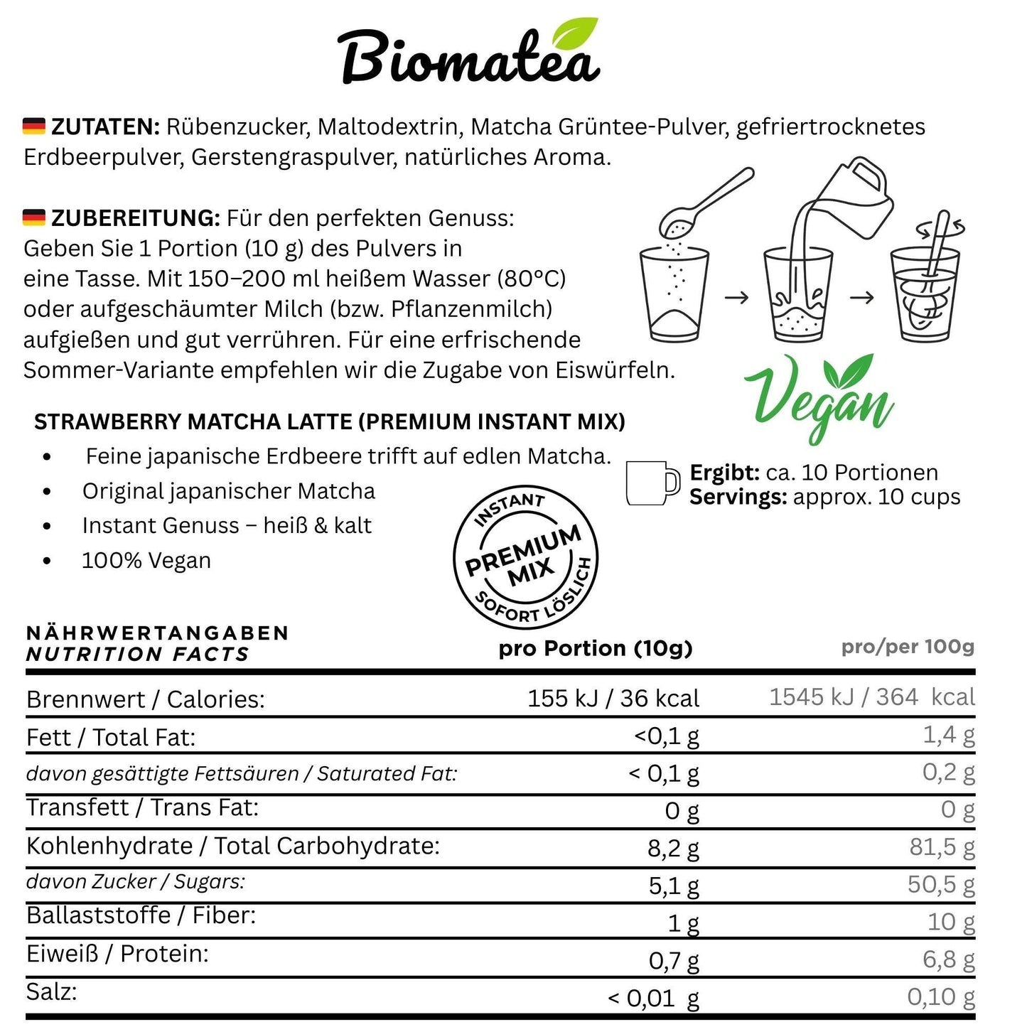 Japanischer Matcha Pulver mit Erdbeer, gesüßt – 100g – Sofort löslich in Wasser oder Milch, trinkfertig